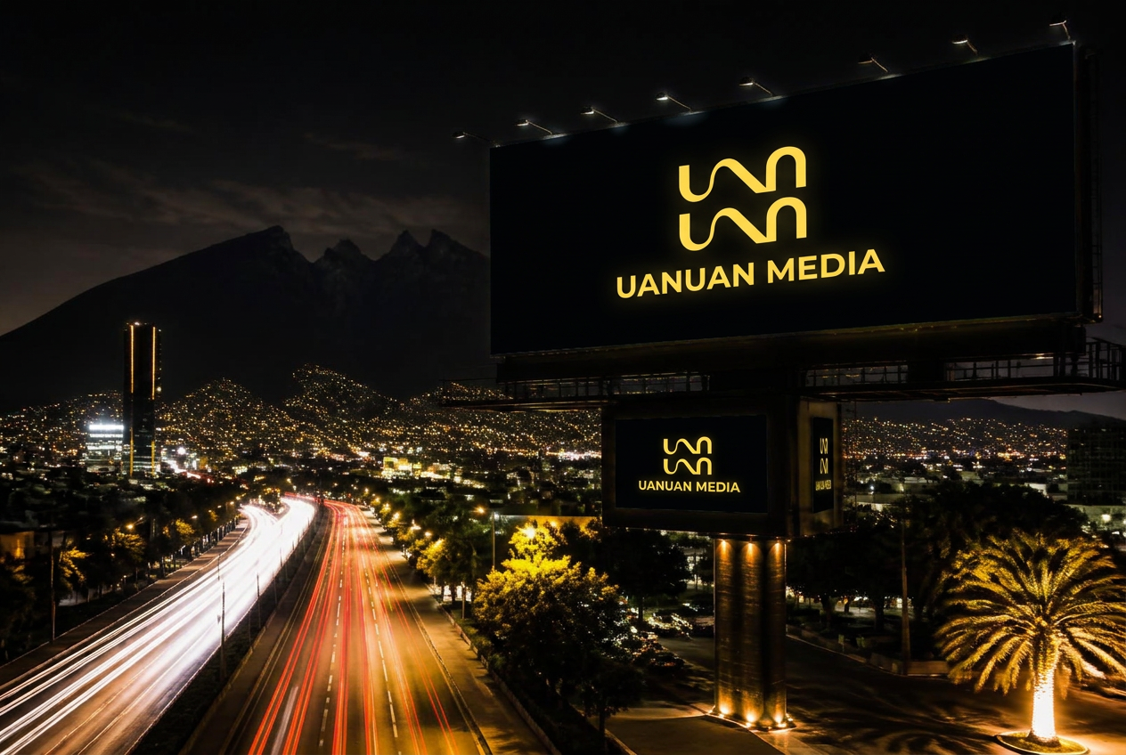 Panorámico iluminado sobre una avenida de Monterrey durante la noche